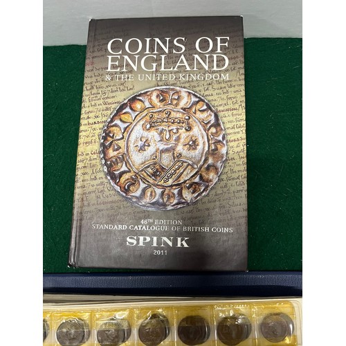 175 - APPROX 440 MAINLY ENGLISH PRE DECIMAL COINS IN A FOLDER AND A COINS OF ENGLAND BOOK