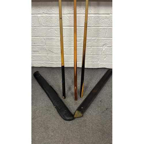 168 - THREE SNOOKER CUES