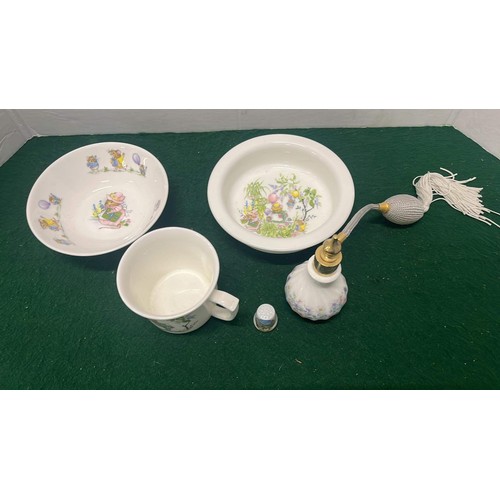 198 - THREE ROYAL KENT BETRIX POTTER CHILDS SET AND A WEDGWOOD ATOMISER