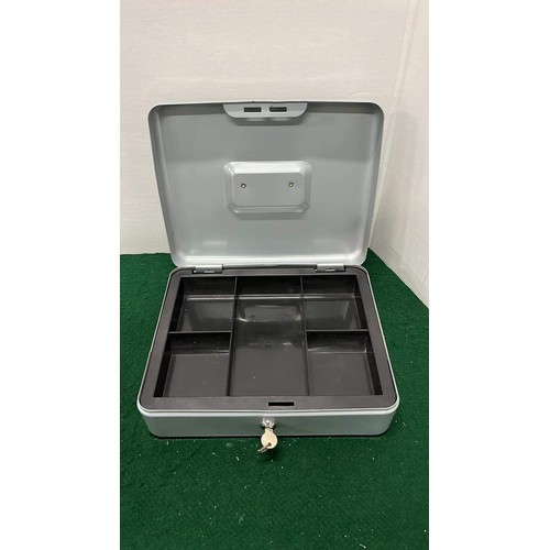 239 - LARGE SILVER COLOURED CASH BOX WITH KEY