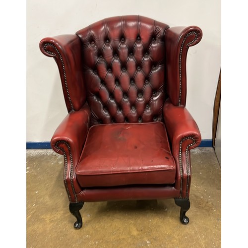 244 - CHESTERFIELD STYLE HIGH BUTTON WINGBACK ARM CHAIR IN OXBLOOD FINISH