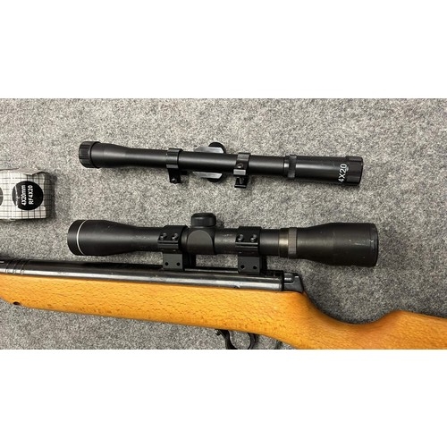 328 - BEECH STOCK .22 AIR RIFLE WITH 2 X SCOPES AND TIN OF PELLETS