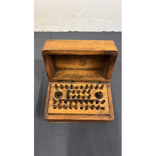 127 - VINTAGE WOODEN BOXED WITH CLOCK AND WATCH MAKER TOOLING