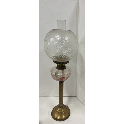 114 - EDWARDIAN TALL CLEAR GLASS BOWL AND GLOBE DOUBLE BURNER OIL LAMP