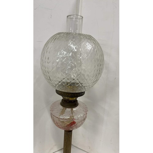 114 - EDWARDIAN TALL CLEAR GLASS BOWL AND GLOBE DOUBLE BURNER OIL LAMP