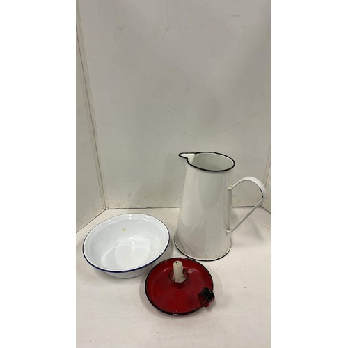 121 - ENAMEL JUG , CANDLE NIGHT LIGHT PLUS BOWL