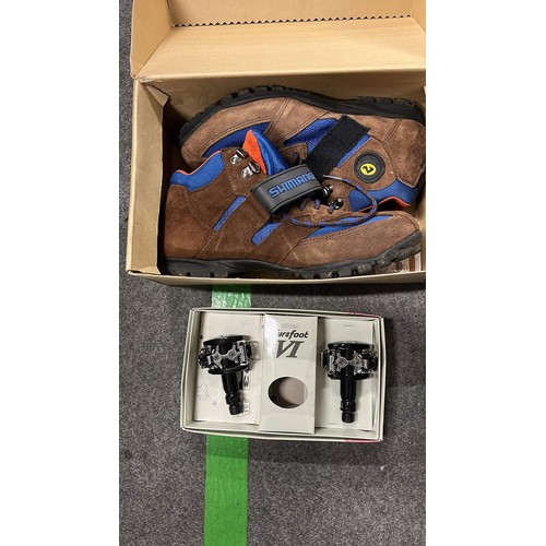 32 - SHIMANO SH-MO55 BROWN & BLUE CYCLE SHOES SIZE 43 WITH SUREFOOT VI ATB PEDALS SEE ALL PICTURES ( ... 