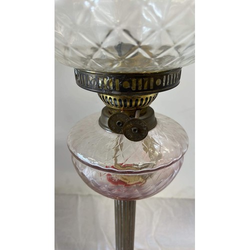 114 - EDWARDIAN TALL CLEAR GLASS BOWL AND GLOBE DOUBLE BURNER OIL LAMP