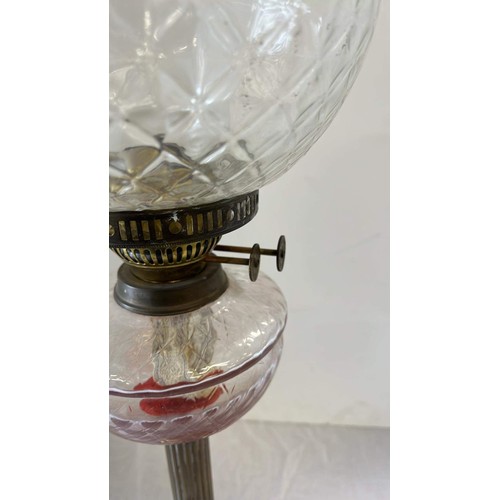 114 - EDWARDIAN TALL CLEAR GLASS BOWL AND GLOBE DOUBLE BURNER OIL LAMP