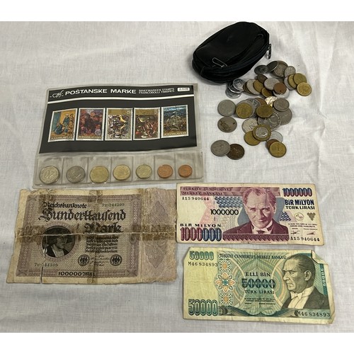 118 - MIXED GERMAN AND OTHER COINS WITH BANK NOTES