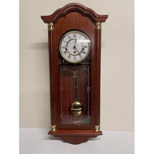 1 - MAHOGANY FINISH WIND UP WALL CLOCK WITH KEY WORKING