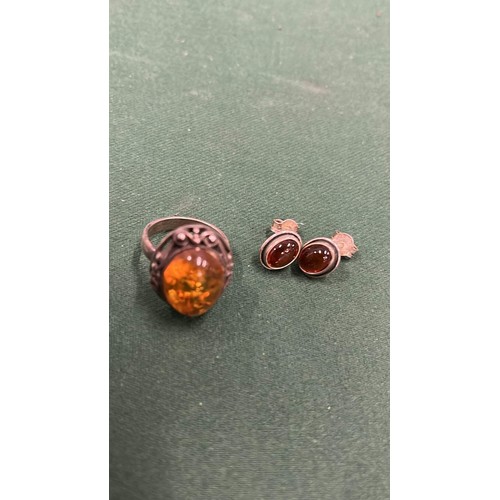 119 - AMBER AND SILVER RING AND EARRINGS