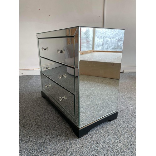 296 - GLASS MIRRORED THREE DRAWER CHEST / DAMAGE TO ONE DRAWER SEE PICTURE