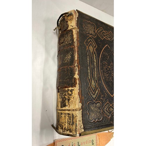 156 - LARGE FAMILY BIBLE WITH BRASS DETAIL / COVER NEEDS WORK SEE ALL PICTURES