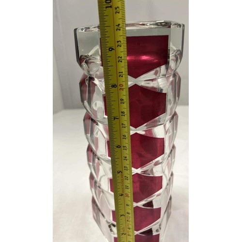 158 - FRENCH CLEAR AND RED GLASS FLOWER VASE 9.5