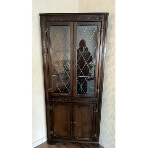 373 - OAK LEADED LIGHT GLAZED TOP CORNER CUPBOARD