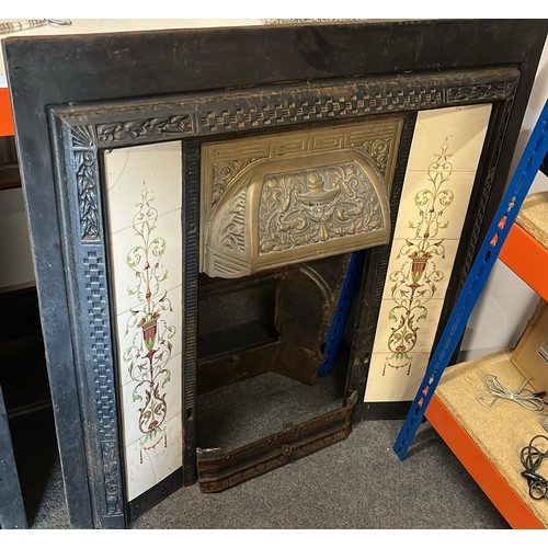 321 - CAST METAL AND BRASS ,TILED FIRE INSERT USED / NEEDS RESTORATION