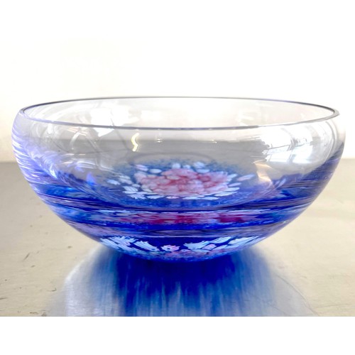 298 - BLUE GLASS BOWL WITH FLOWER DETAIL