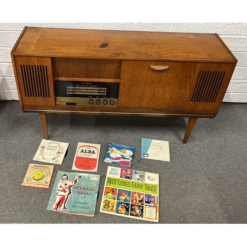 438 - RETRO TEAK ALBA RADIO-GRAM WITH RECORDS SEE ALL PICTURES