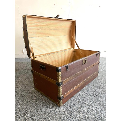 553 - VINTAGE WOODEN BANDED DOME TOP SEA TRAVEL TRUNK