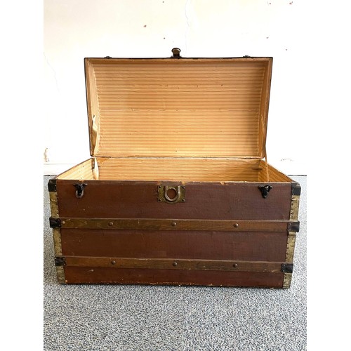 553 - VINTAGE WOODEN BANDED DOME TOP SEA TRAVEL TRUNK