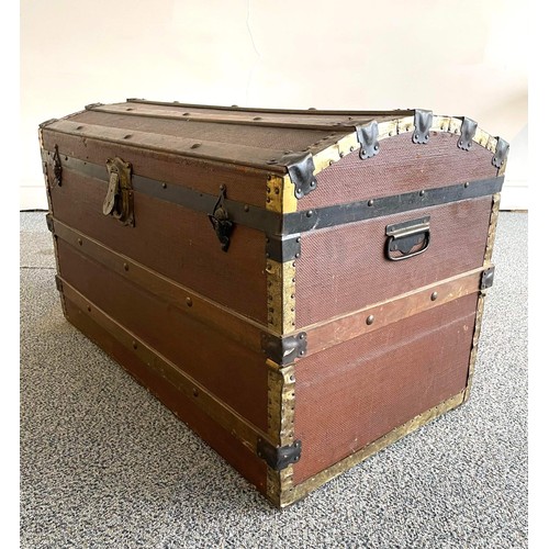 553 - VINTAGE WOODEN BANDED DOME TOP SEA TRAVEL TRUNK