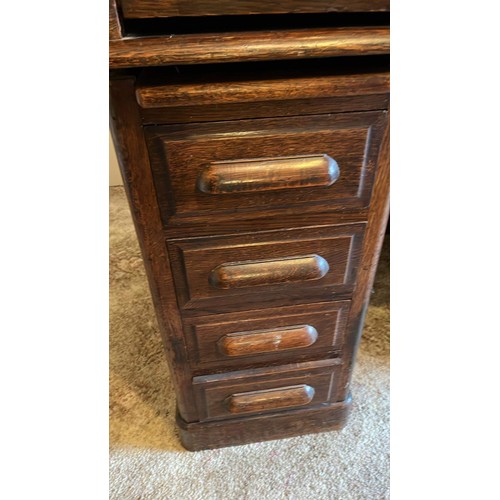 613 - EDWARDIAN SOLID OAK FIELDED PANEL ROLL TOP DESK SEE ALL PICTURES