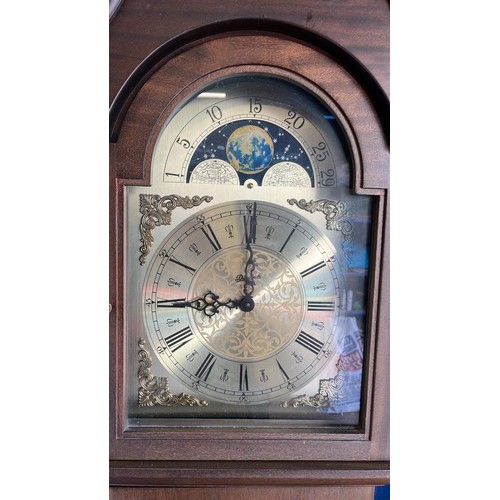 627 - GRANDFATHER CLOCK WITH BRASS FACE MOON ROLLER MOVEMENT BY DENCLOCK