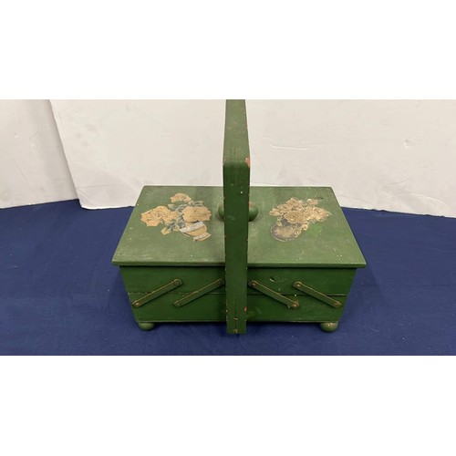 68 - GREEN SEWING BOX WITH COTTONS / SEE ALL PICTURES