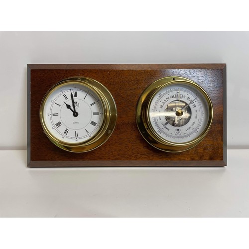 14 - BAROMETER AND CLOCK SET MOUNTED ON WOOD