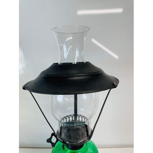 130 - GREEN AND BLACK SINGLE BURNER OIL LAMP