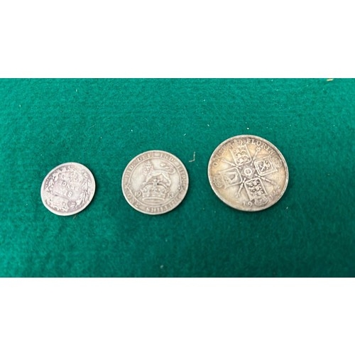 195 - 3 SILVER UK COINS - 1880 SIXPENCE, 1913 SHILLING & 1914 FLORIN