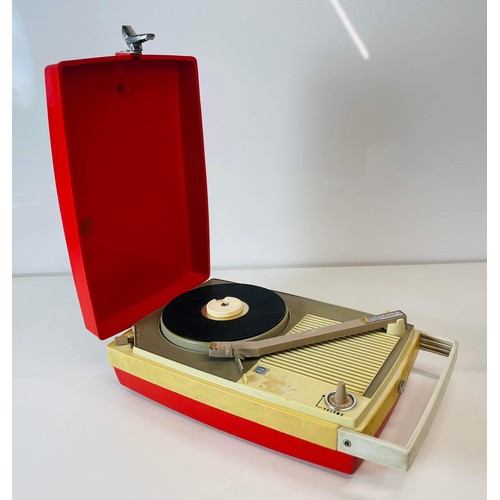 33 - RED RETRO PORTABLE RECORD PLAYER BY DENON