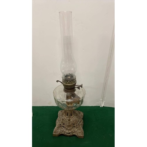 291 - EDWARDIAN CAST METAL BASE DOUBLE BURNER OIL LAMP