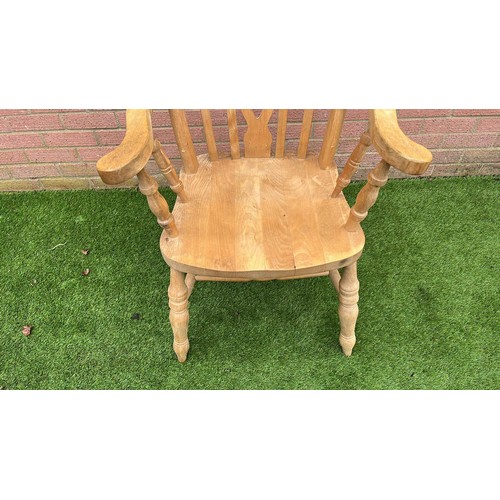 261 - BEECH FRAMED FIDDLE BACK GRANDFATHER CHAIR