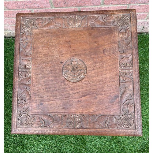 445 - WOODEN CARVED SIDE TABLE WITH R.A.F LOGO