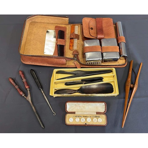 83 - GENTS TRAVEL VALIT SET AND BUTTON HOOKS PLUS HAIR TONGS