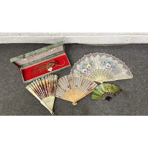 427 - LARGE ORIENTAL WALL HANGING AND FANS / SEE ALL PICTURES