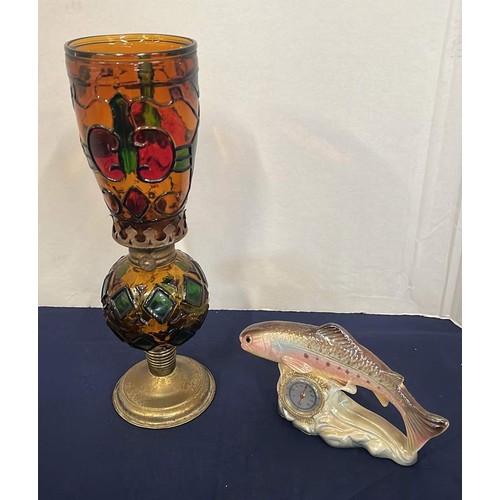 474 - COLOURED GLASS OIL LAMP AND TROUT BAROMETER