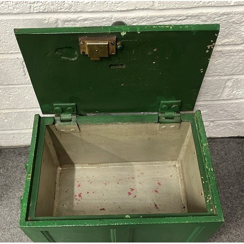 262 - EDWARDIAN CAST METAL HEAVY STRONG BOX IN GREEN WITH KEYS