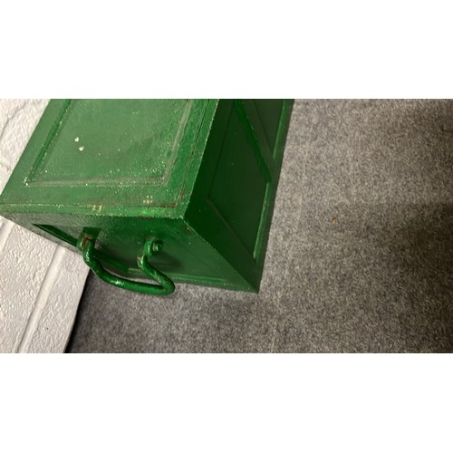 262 - EDWARDIAN CAST METAL HEAVY STRONG BOX IN GREEN WITH KEYS