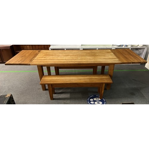 278 - LARGE SOLID OAK CONTEMPORARY DINNING TABLE AND BENCH SET WITH LEAFS SEE ALL PICTURES FOR SIZE