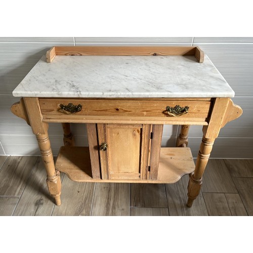 337 - PINE WASH STAND WITH MARBLE TOP - 97cm overall width, 76cm Height, 43cm Depth