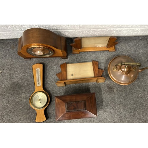 452 - MANTLE CLOCK , ART DECO FRAMES , COPPER KETTLE AND MORE