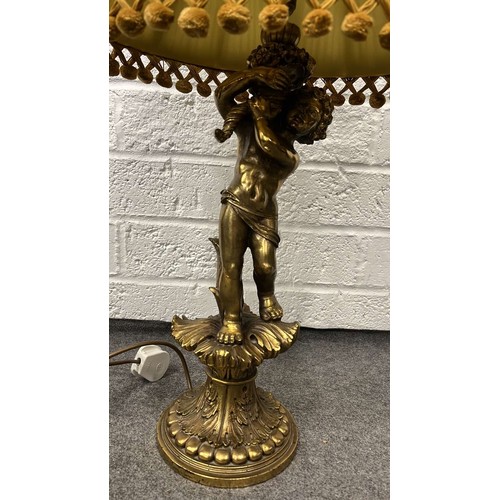 109 - TALL CHERUB BASE LAMP WITH GREEN SHADE