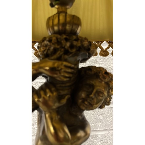 109 - TALL CHERUB BASE LAMP WITH GREEN SHADE