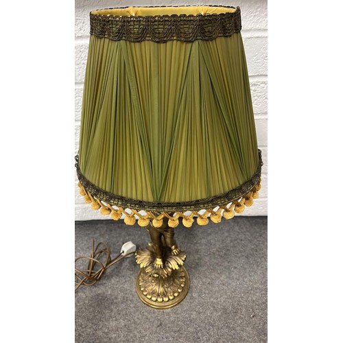 109 - TALL CHERUB BASE LAMP WITH GREEN SHADE