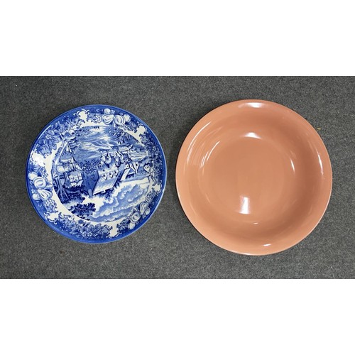 924 - LARGE BLUE AND WHITE PLATE AND ORANGE BOWL