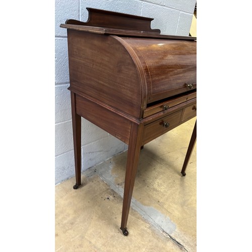 324 - WALNUT INLAID LADIES CYLINDER TOP WRITING DESK WITH SQUARE TAPERED LEGS