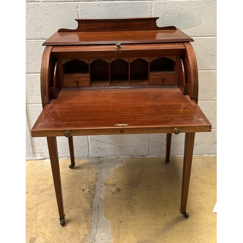 324 - WALNUT INLAID LADIES CYLINDER TOP WRITING DESK WITH SQUARE TAPERED LEGS